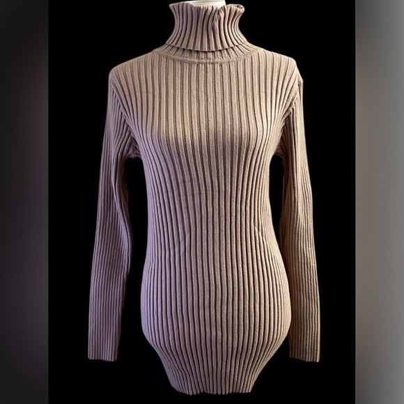 Naked Wardrobe Taupe Ribbed Knit Turtleneck Tunic Sweater Casual Fall Chic - Picture 1 of 6